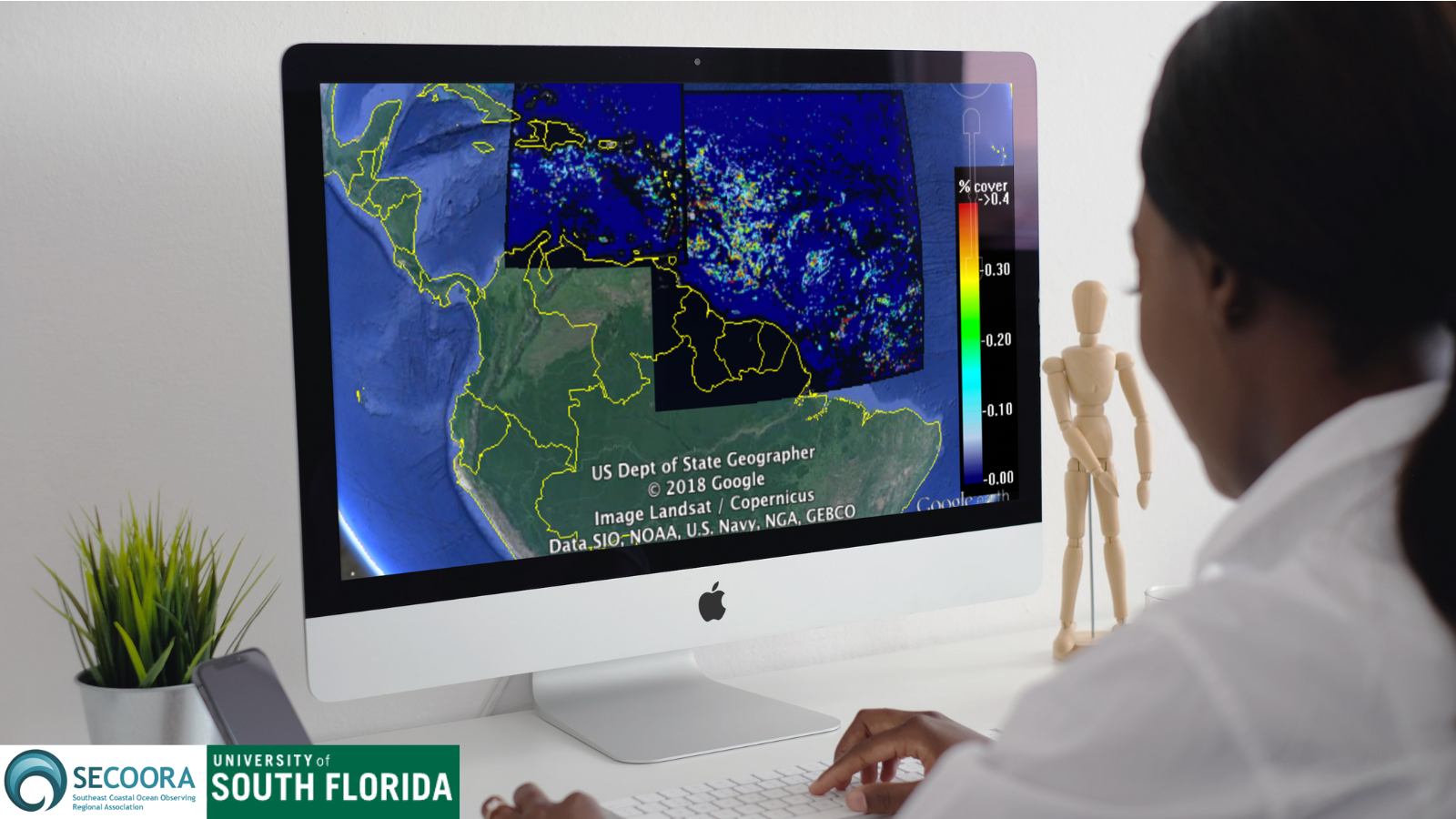 A woman is looking at a computer screen that shows a map of the Caribbean and different colors to show amounts of seaweed.