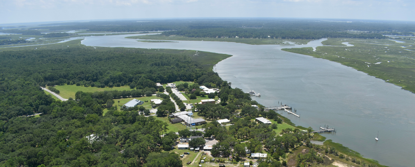 An aerial view of a large river that branches out with green trees to the left and small white buildings among the trees.