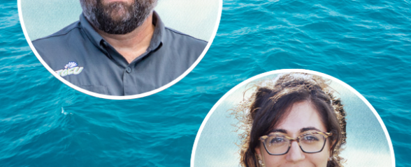 An image of a man with brown hair and a beard and an image of a woman with brown hair and glasses over a background of the ocean