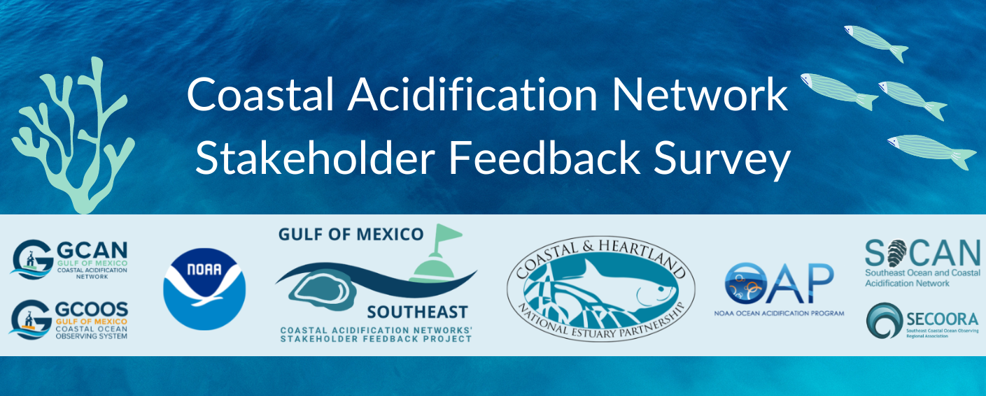 Background of blue ocean with graphics of light green coral and four fish swimming. Logos are shown from GCAN, GCOOS, NOAA, Gulf of Mexico Southeast Coastal Acidification Network Stakeholder Feedback Project, Coastal and Heartland National Estuary Partnership, NOAA Ocean Acidification Program, SOCAN, and SECOORA. Top text says "Coastal Acidification Network Stakeholder Feedback Survey" in white.
