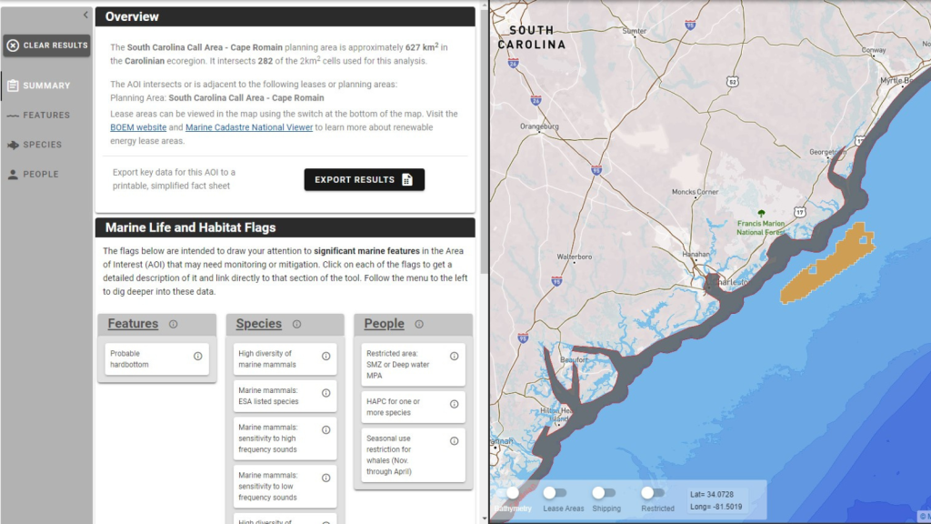 The left of the image shows a table containing information from the Southeast Marine Mapping website, and the right of the image contains a map of the coast of South Carolina.